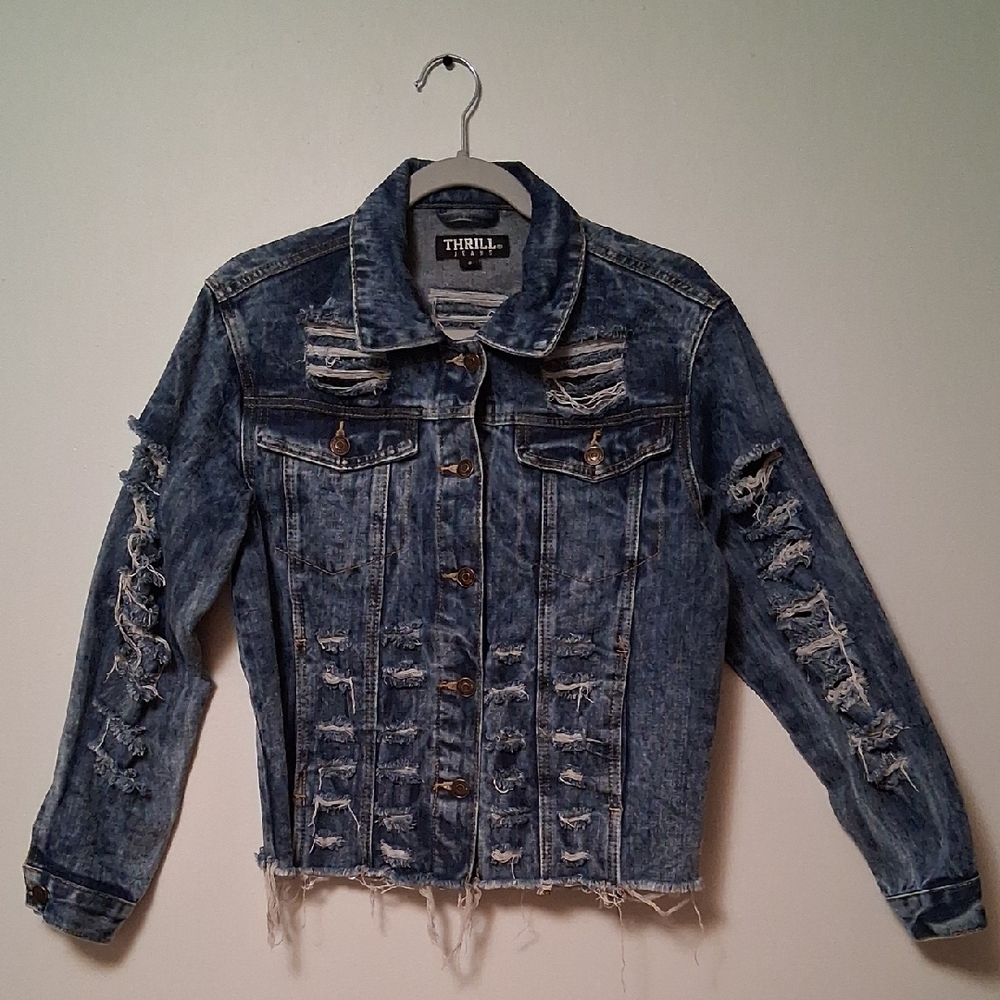 Thrill Blue Jean Jacket Women's size Small.  Distressed, shredded, thrashed.